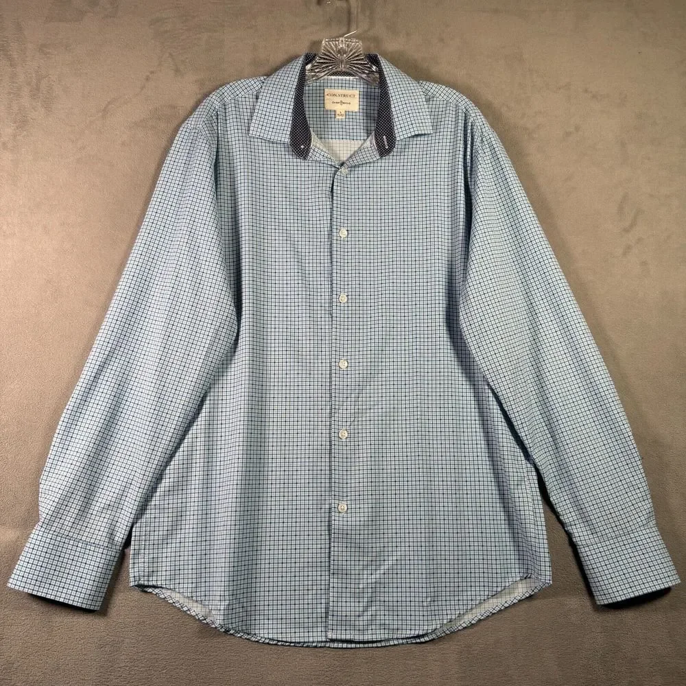 CON.STRUCT Shirt Mens L Blue Plaid 4 Way Stretch Button Up Long‎ Sleeve Office